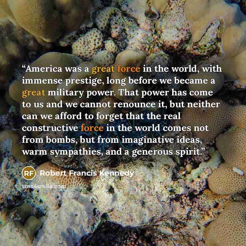 “America was a great force in the world, with immense prestige, long before we became a great military power. That power has come to us and we cannot renounce it, but neither can we afford to forget that the real constructive force in the world comes not from bombs, but from imaginative ideas, warm…” quote by Robert Francis Kennedy