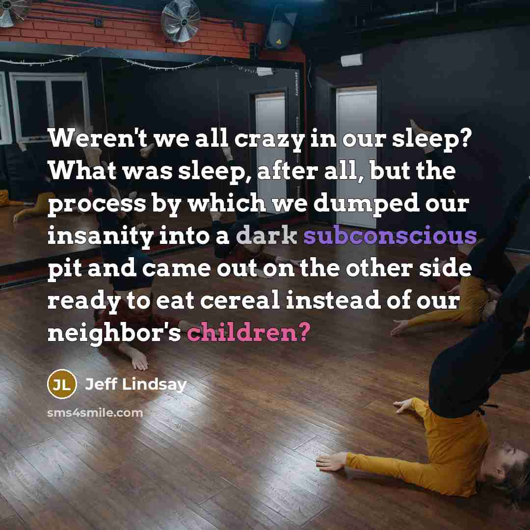 “Weren't we all crazy in our sleep? What was sleep,…” quote by Jeff Lindsay