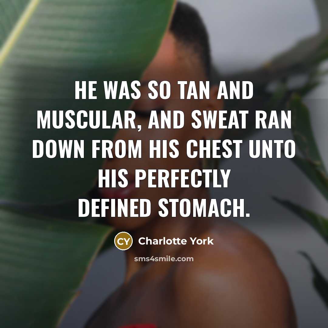 “He was so tan and muscular, and sweat ran down from his chest unto his perfectly defined stomach.” quote by Charlotte York