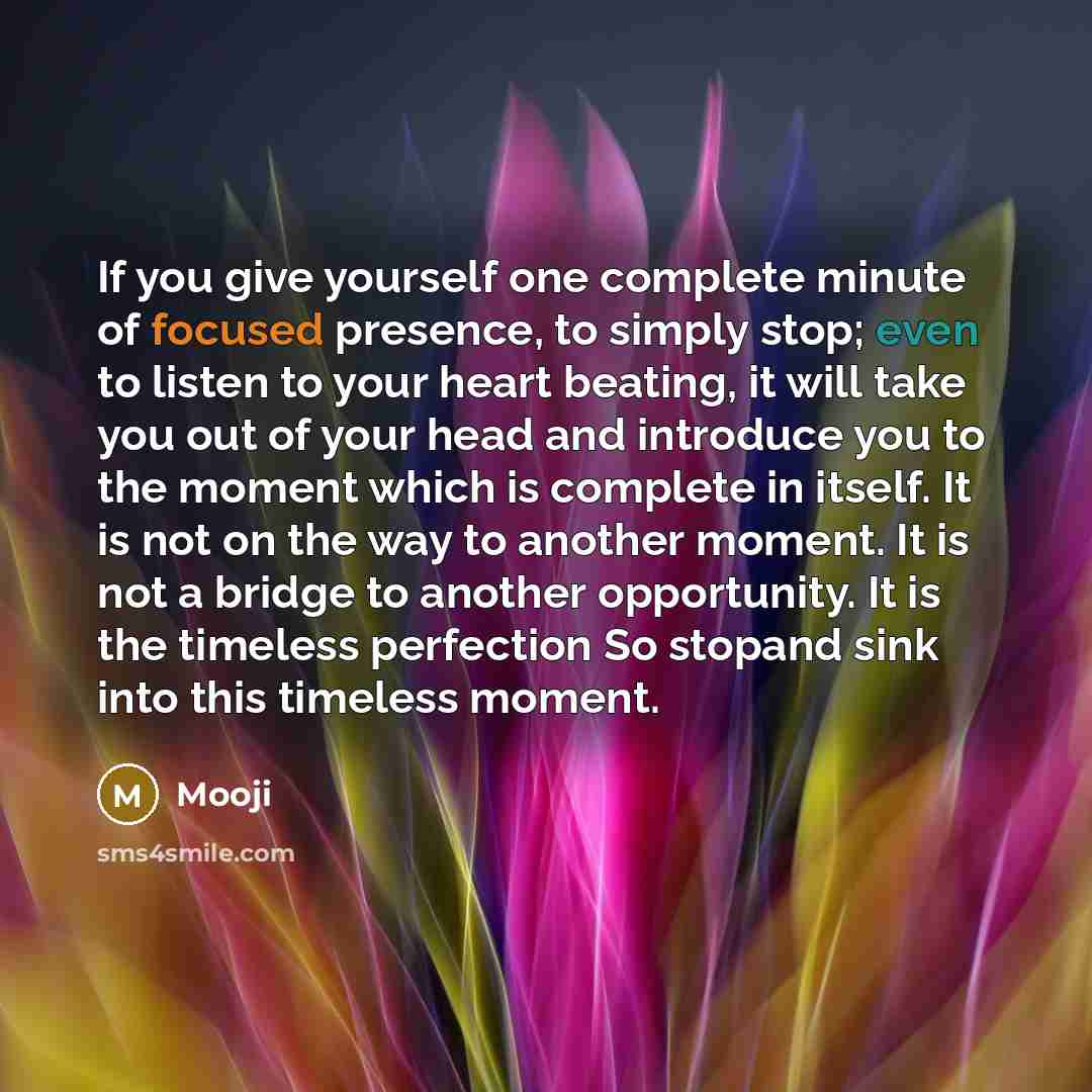 “If you give yourself one complete minute of focused presence,…” quote by Mooji