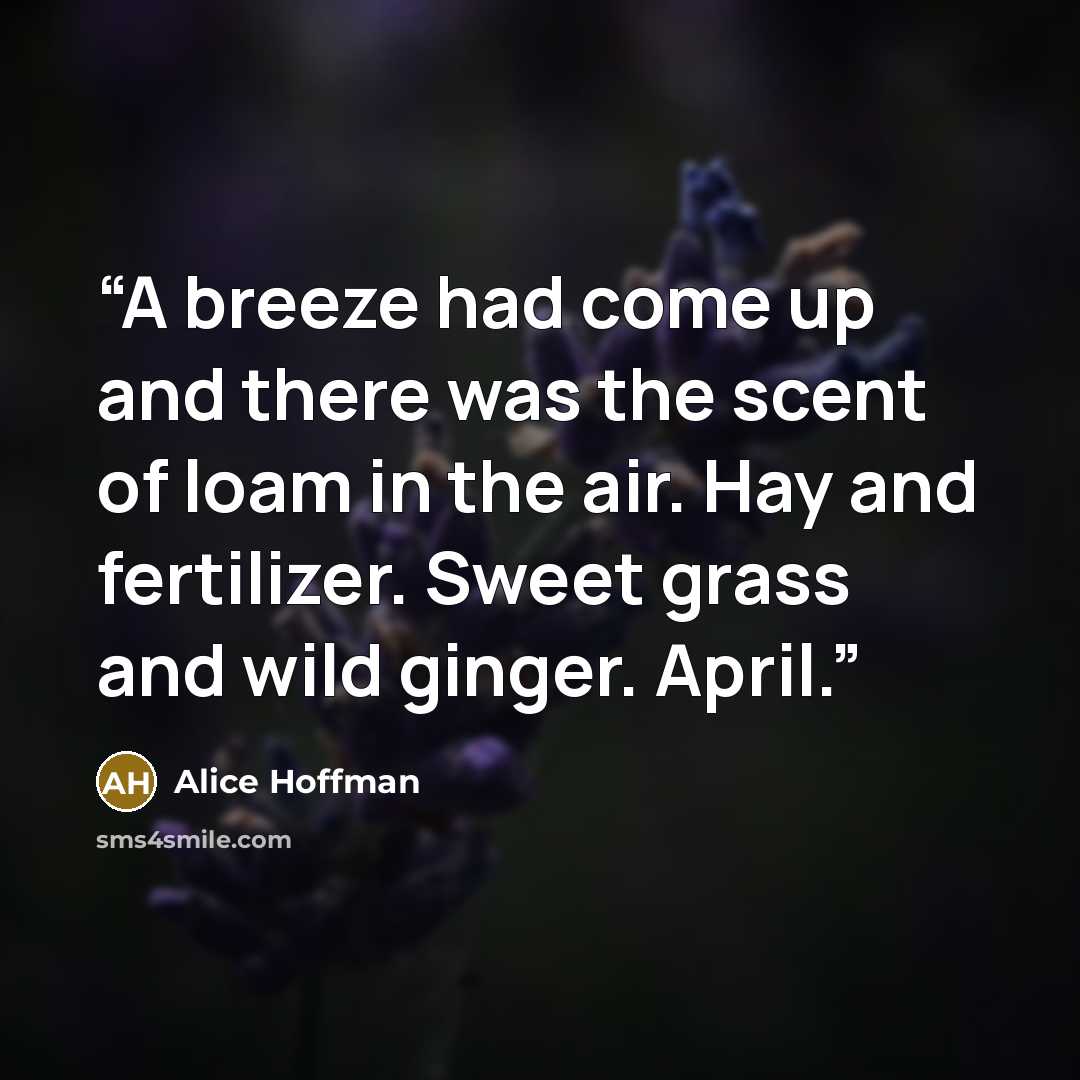 “A breeze had come up and there was the scent of loam in the air. Hay and fertilizer. Sweet grass and wild ginger. April.” quote by Alice Hoffman