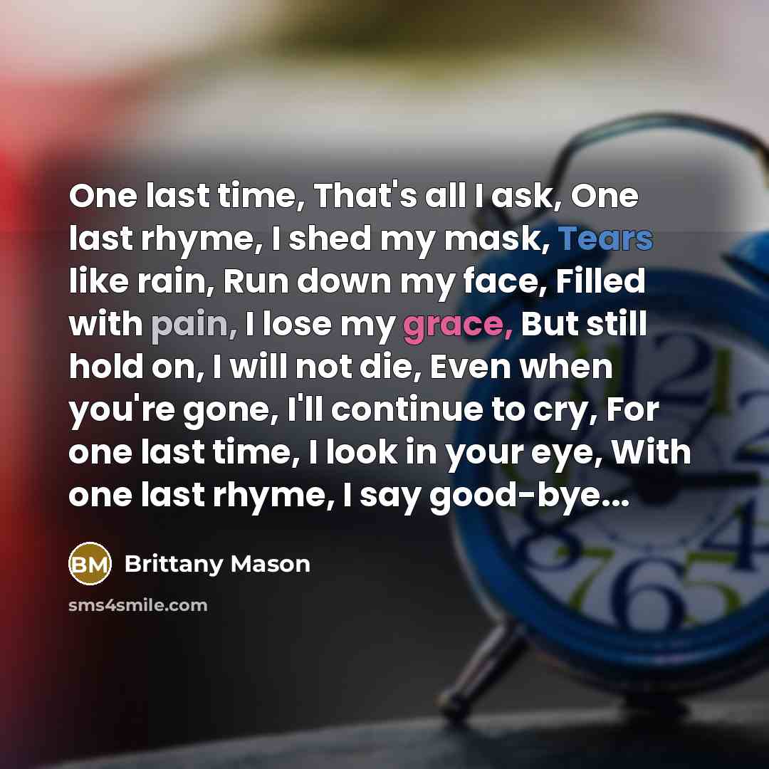 “One last time, That's all I ask, One last rhyme, I shed my mask, Tears like rain, Run down my face, Filled with pain, I lose my grace, But still hold on, I will not die, Even when you're gone, I'll continue to cry, For one last time, I look in your eye, With one last rhyme, I say good-bye...” quote by Brittany Mason