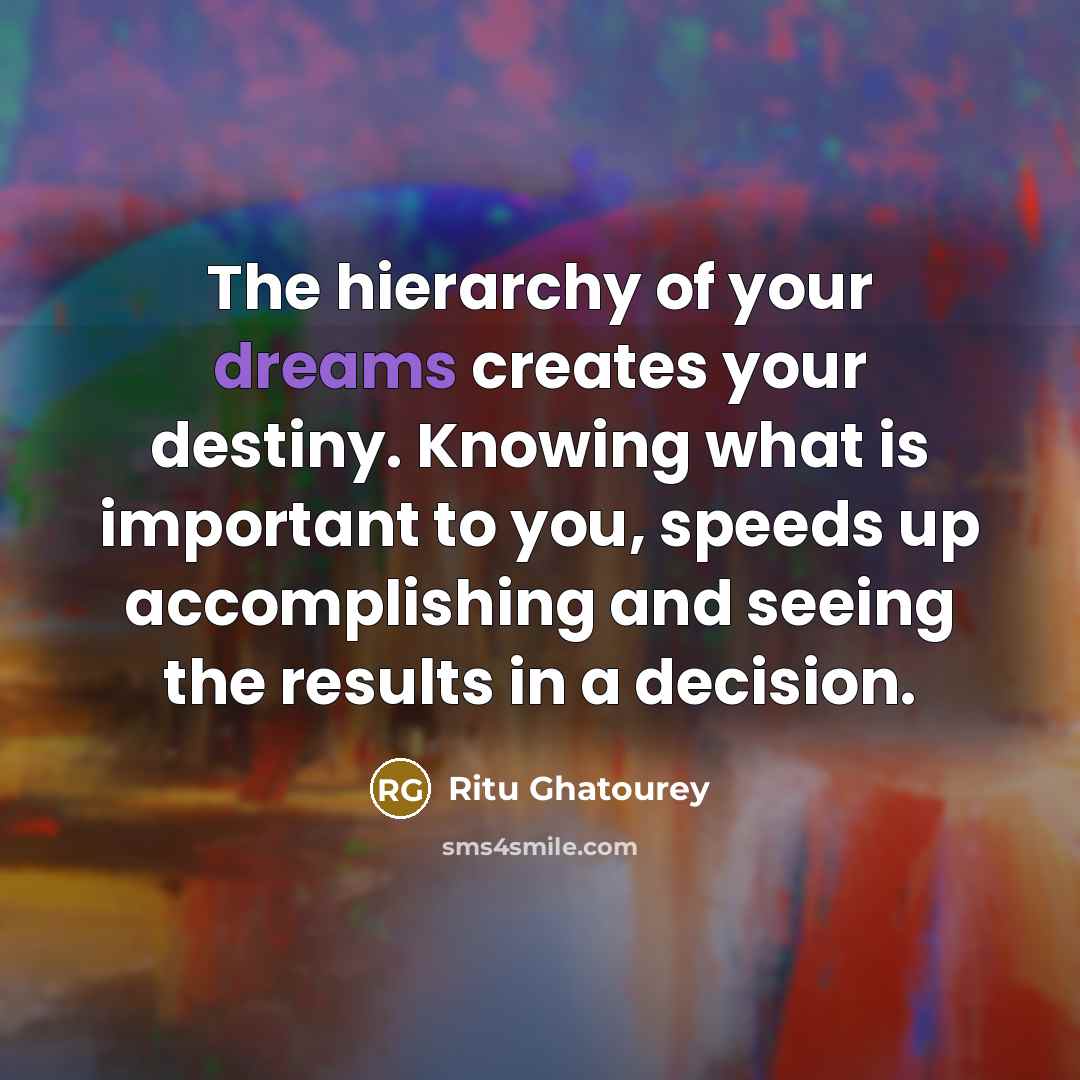 “The hierarchy of your dreams creates your destiny. Knowing what…” quote by Ritu Ghatourey