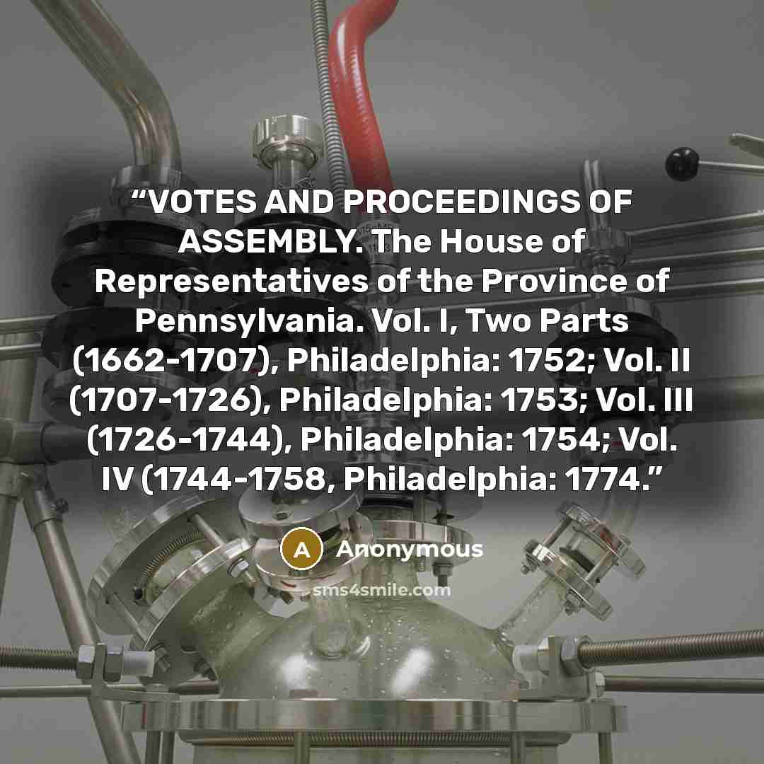 “VOTES AND PROCEEDINGS OF ASSEMBLY. The House of Representatives of the Province of Pennsylvania. Vol. I, Two Parts (1662-1707), Philadelphia: 1752; Vol. II (1707-1726), Philadelphia: 1753; Vol. III (1726-1744), Philadelphia: 1754; Vol. IV (1744-1758, Philadelphia: 1774.” quote by Anonymous