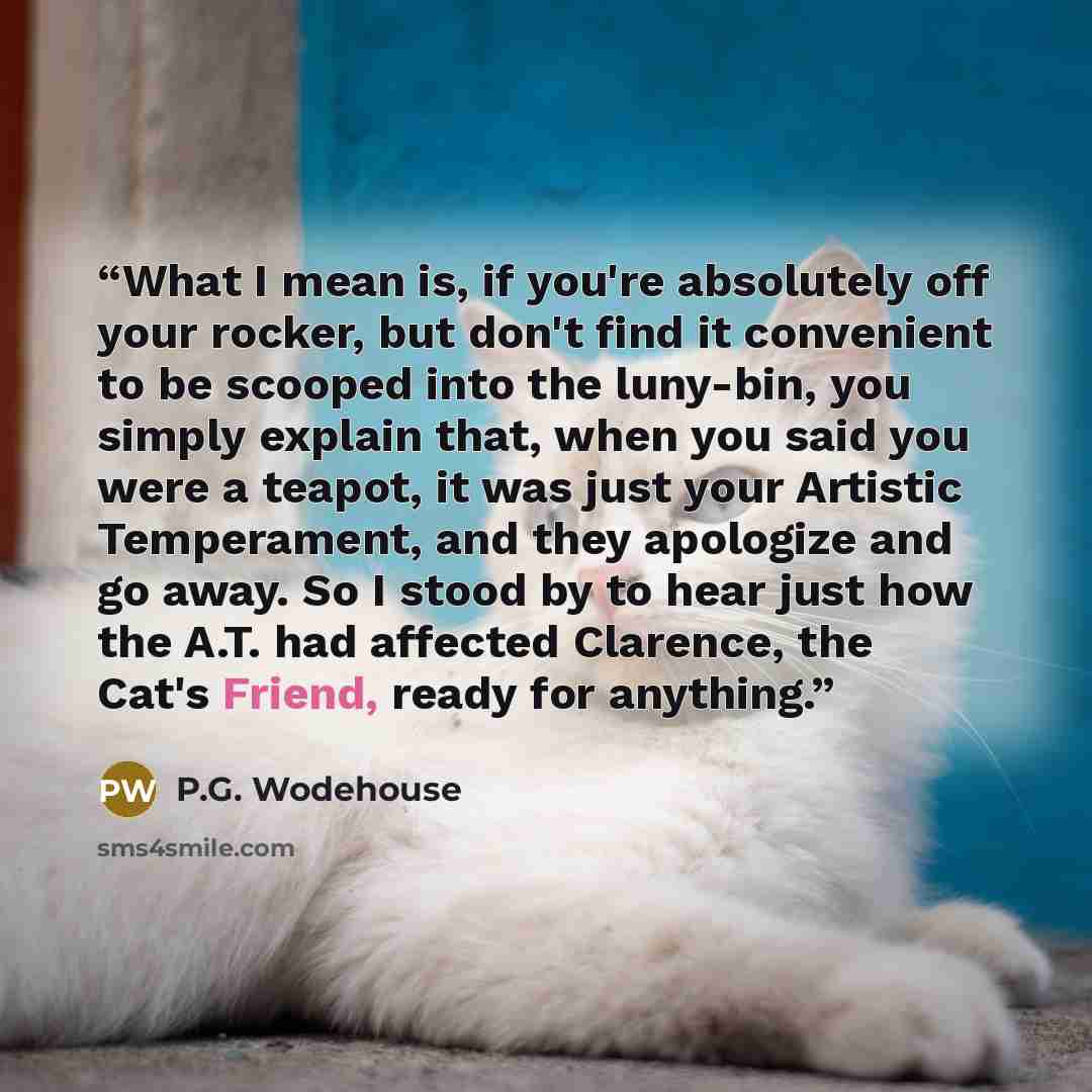 “What I mean is, if you're absolutely off your rocker, but don't find it convenient to be scooped into the luny-bin, you simply explain that, when you said you were a teapot, it was just your Artistic Temperament, and they apologize and go away. So I stood by to hear just how the A.T. had affected…” quote by P.G. Wodehouse