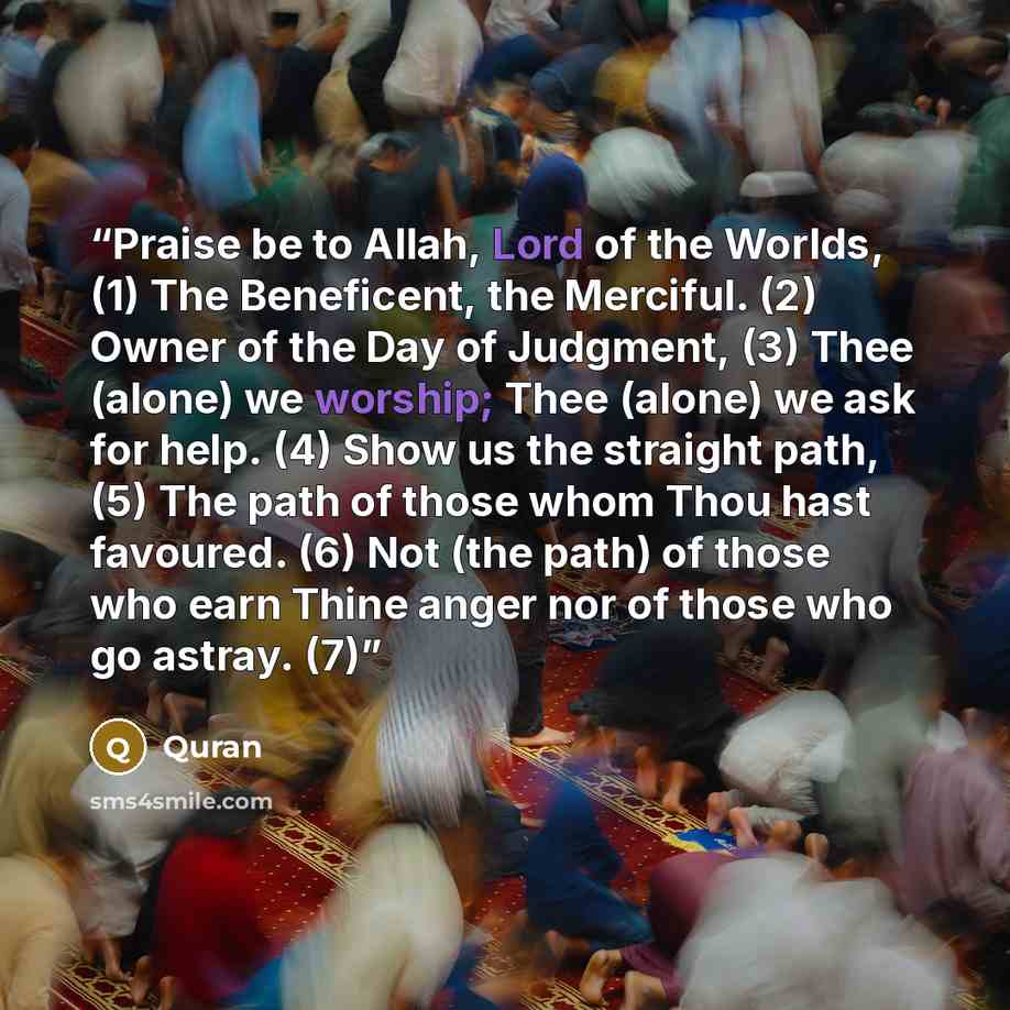 “Praise be to Allah, Lord of the Worlds, (1) The Beneficent, the Merciful. (2) Owner of the Day of Judgment, (3) Thee (alone) we worship; Thee (alone) we ask for help. (4) Show us the straight path, (5) The path of those whom Thou hast favoured. (6) Not (the path) of those who earn Thine anger nor…” quote by Quran