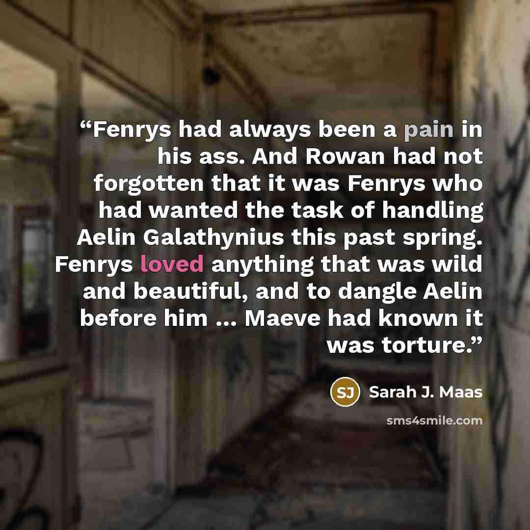 “Fenrys had always been a pain in his ass. And Rowan had not forgotten that it was Fenrys who had wanted the task of handling Aelin Galathynius this past spring. Fenrys loved anything that was wild and beautiful, and to dangle Aelin before him … Maeve had known it was torture.” quote by Sarah J. Maas