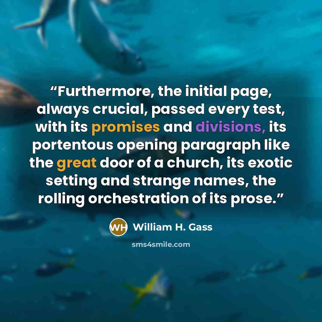 “Furthermore, the initial page, always crucial, passed every test, with its promises and divisions, its portentous opening paragraph like the great door of a church, its exotic setting and strange names, the rolling orchestration of its prose.” quote by William H. Gass
