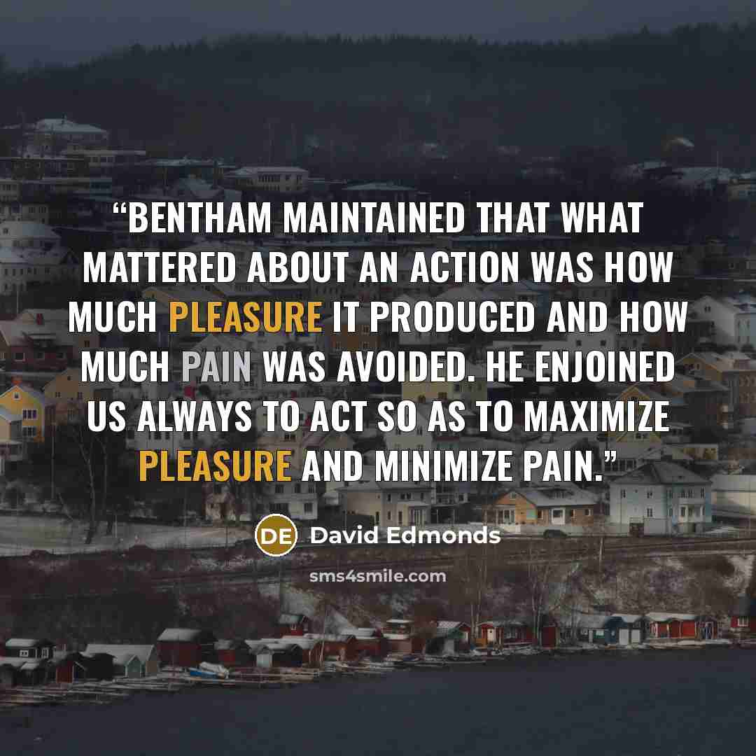 “Bentham maintained that what mattered about an action was how much pleasure it produced and how much pain was avoided. He enjoined us always to act so as to maximize pleasure and minimize pain.” quote by David Edmonds
