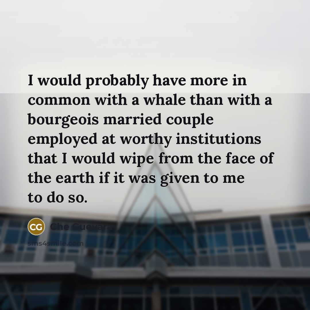 “I would probably have more in common with a whale than with a bourgeois married couple employed at worthy institutions that I would wipe from the face of the earth if it was given to me to do so.” quote by Che Guevara