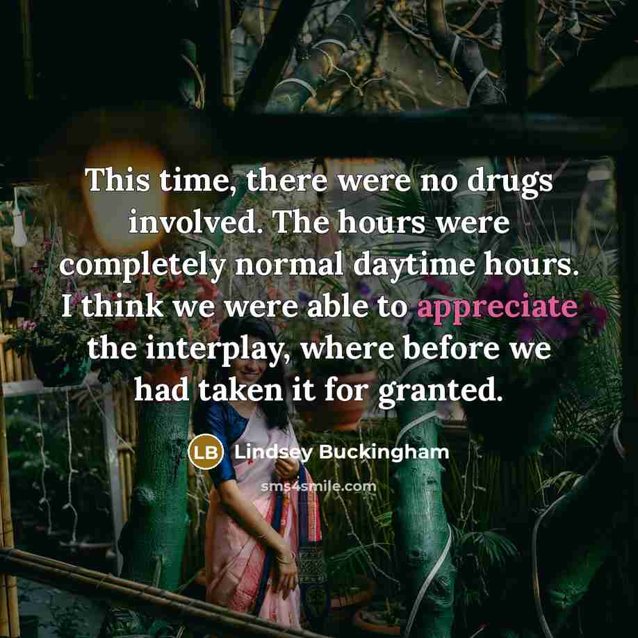 “This time, there were no drugs involved. The hours were…” quote by Lindsey Buckingham