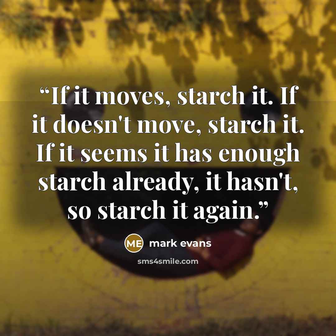 “If it moves, starch it. If it doesn't move, starch it. If it seems it has enough starch already, it hasn't, so starch it again.” quote by mark evans