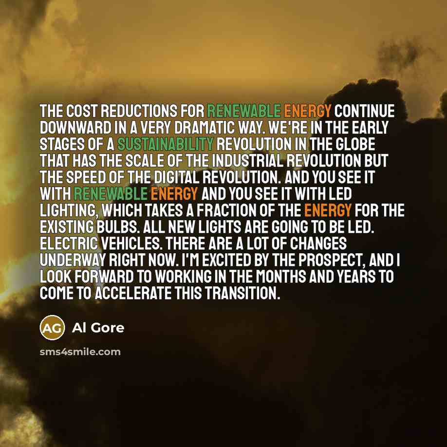 “The cost reductions for renewable energy continue downward in a very dramatic way. We're in the early stages of a sustainability revolution in the globe that has the scale of the industrial revolution but the speed of the digital revolution. And you see it with renewable energy and you see it with…” quote by Al Gore