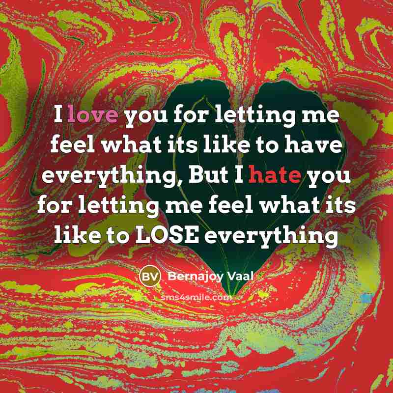 “I love you for letting me feel what its like to have everything, But I hate you for letting me feel what its like to LOSE everything” quote by Bernajoy Vaal