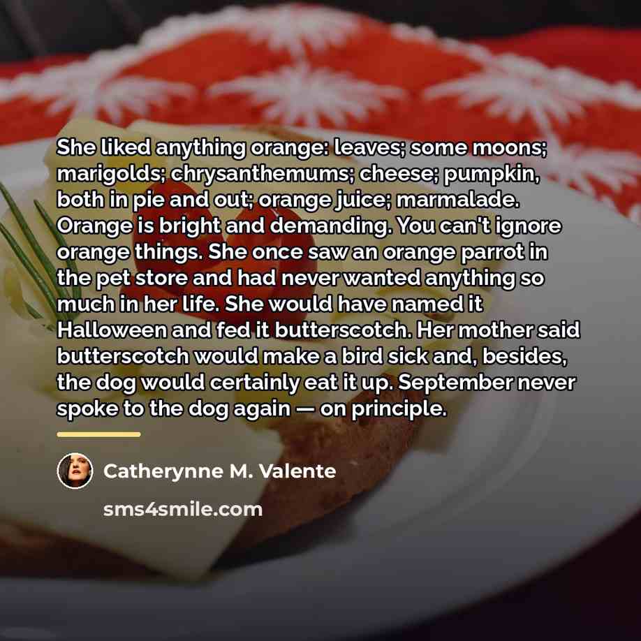 “She liked anything orange: leaves; some moons; marigolds; chrysanthemums; cheese;…” quote by Catherynne M. Valente
