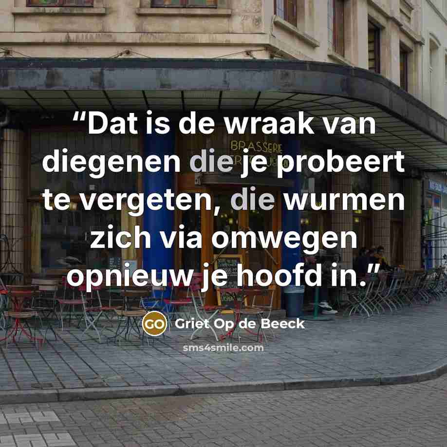 “Dat is de wraak van diegenen die je probeert te vergeten, die wurmen zich via omwegen opnieuw je hoofd in.” quote by Griet Op de Beeck