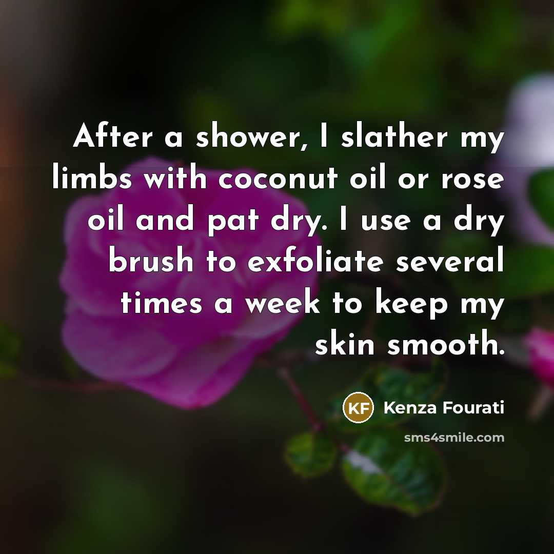 “After a shower, I slather my limbs with coconut oil…” quote by Kenza Fourati