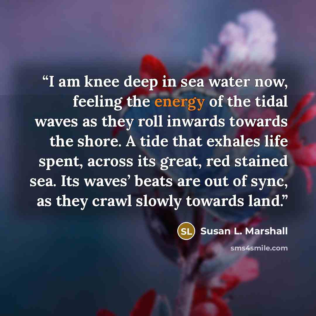 “I am knee deep in sea water now, feeling the energy of the tidal waves as they roll inwards towards the shore. A tide that exhales life spent, across its great, red stained sea. Its waves’ beats are out of sync, as they crawl slowly towards land.” quote by Susan L. Marshall