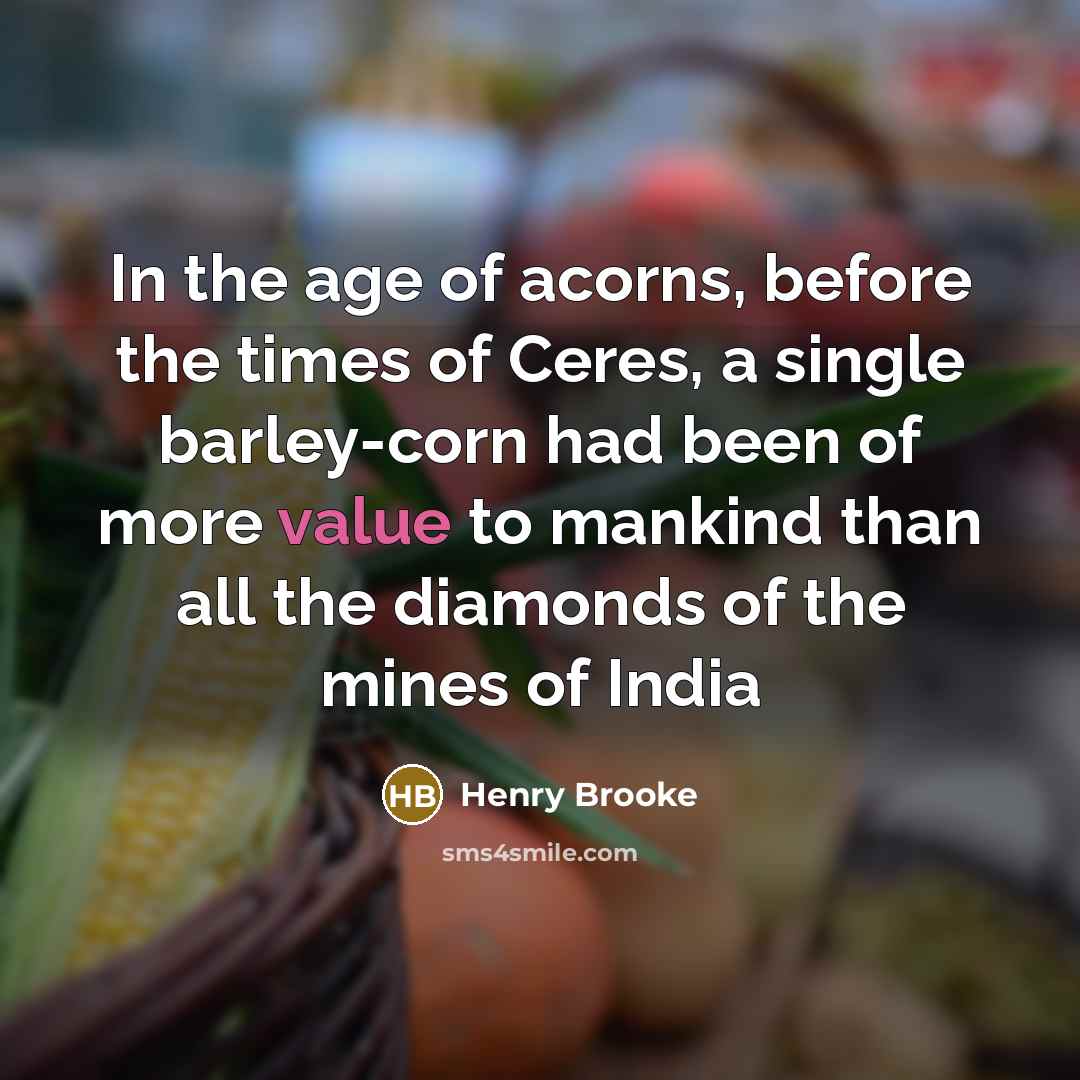 “In the age of acorns, before the times of Ceres, a single barley-corn had been of more value to mankind than all the diamonds of the mines of India” quote by Henry Brooke
