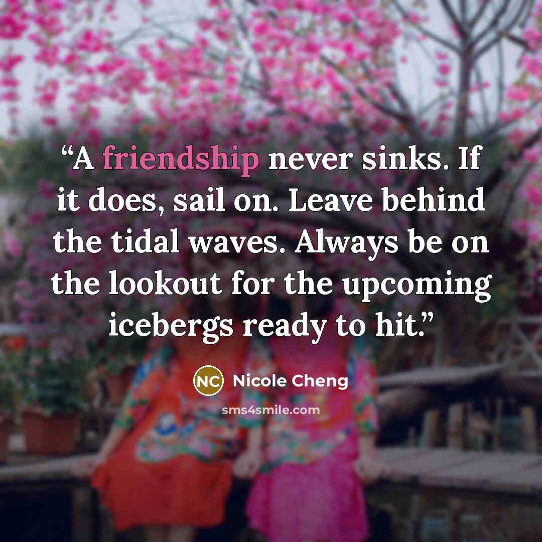“A friendship never sinks. If it does, sail on. Leave behind the tidal waves. Always be on the lookout for the upcoming icebergs ready to hit.” quote by Nicole Cheng