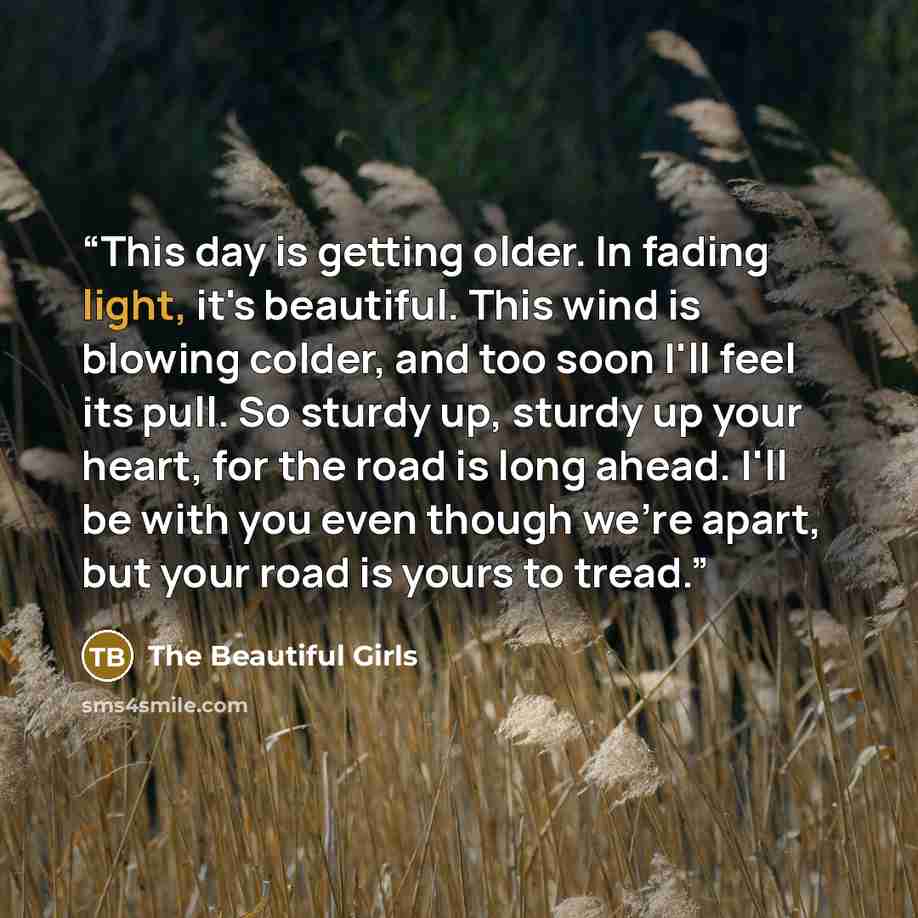 “This day is getting older. In fading light, it's beautiful. This wind is blowing colder, and too soon I'll feel its pull. So sturdy up, sturdy up your heart, for the road is long ahead. I'll be with you even though we're apart, but your road is yours to tread.” quote by The Beautiful Girls