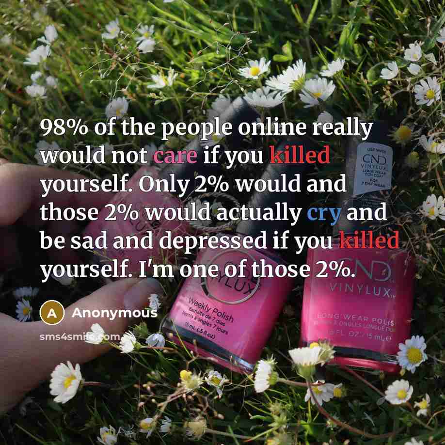 “98% of the people online really would not care if you killed yourself. Only 2% would and those 2% would actually cry and be sad and depressed if you killed yourself. I'm one of those 2%.” quote by Anonymous