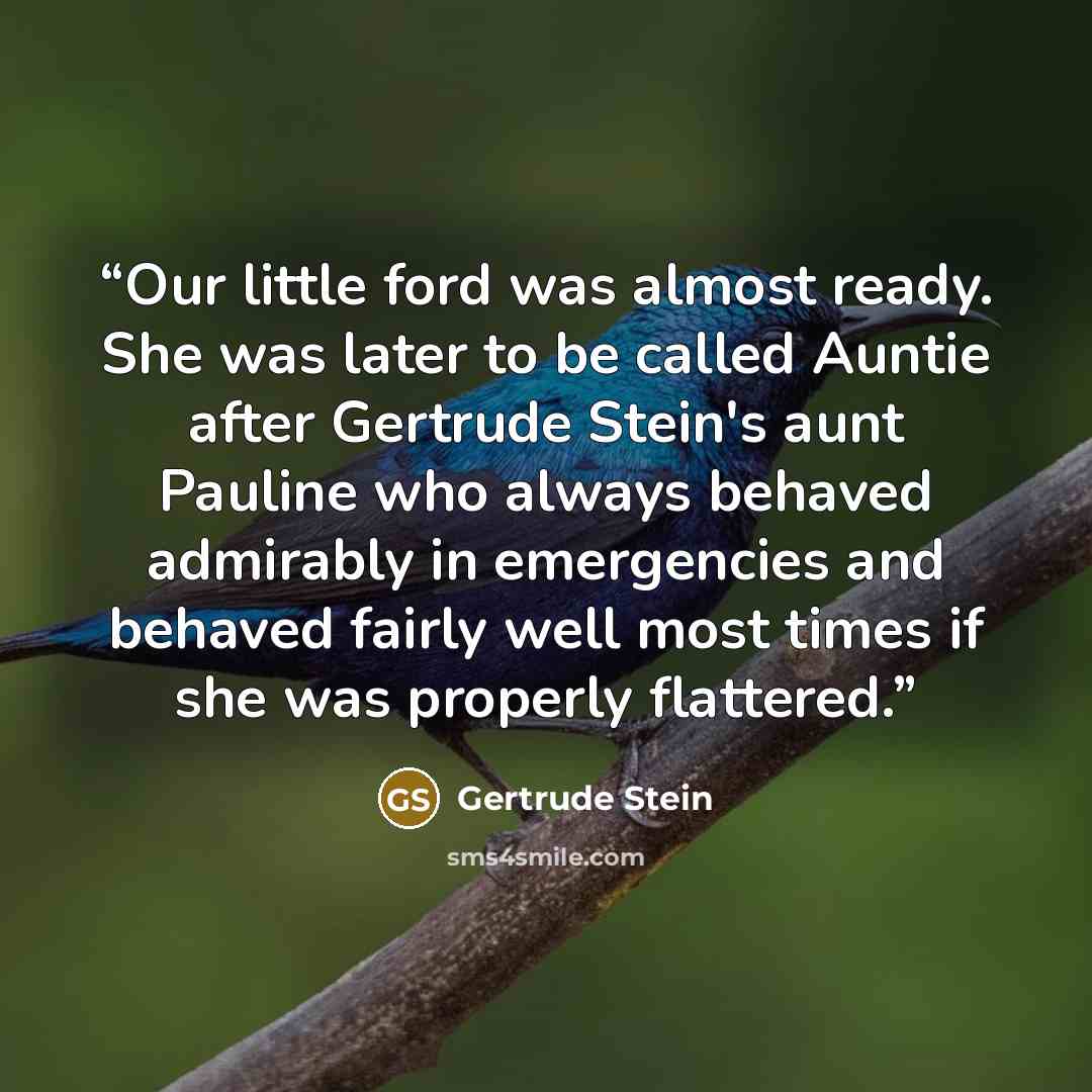 “Our little ford was almost ready. She was later to be called Auntie after Gertrude Stein's aunt Pauline who always behaved admirably in emergencies and behaved fairly well most times if she was properly flattered.” quote by Gertrude Stein