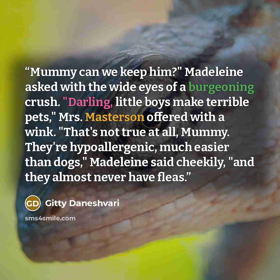 “Mummy can we keep him?" Madeleine asked with the wide eyes of a burgeoning crush. "Darling, little boys make terrible pets," Mrs. Masterson offered with a wink. "That's not true at all, Mummy. They're hypoallergenic, much easier than dogs," Madeleine said cheekily, "and they almost never have fleas.” quote by Gitty Daneshvari