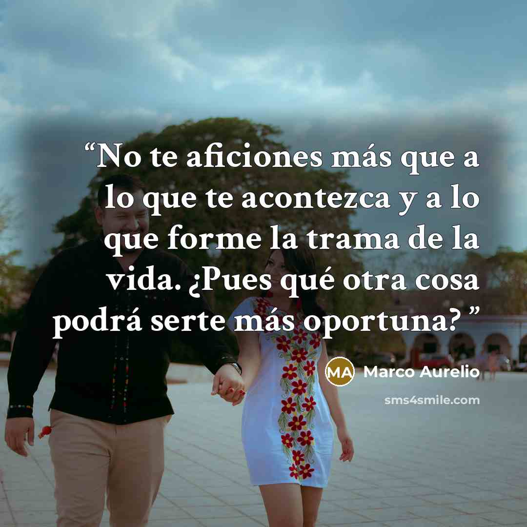 “No te aficiones más que a lo que te acontezca y a lo que forme la trama de la vida. ¿Pues qué otra cosa podrá serte más oportuna?” quote by Marco Aurelio