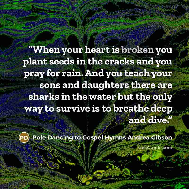 “When your heart is broken you plant seeds in the cracks and you pray for rain. And you teach your sons and daughters there are sharks in the water but the only way to survive is to breathe deep and dive.” quote by Pole Dancing to Gospel Hymns Andrea Gibson