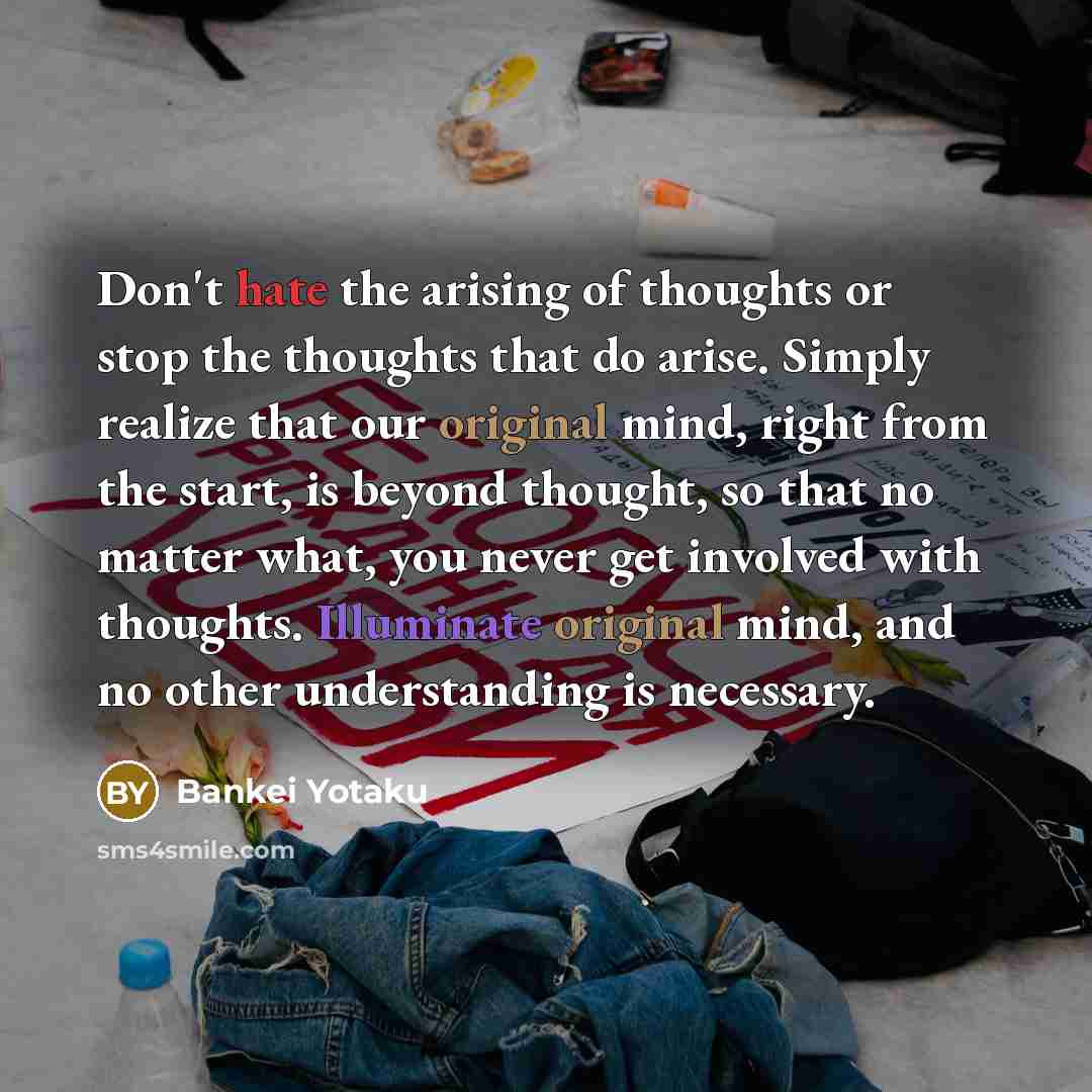 “Don't hate the arising of thoughts or stop the thoughts…” quote by Bankei Yotaku