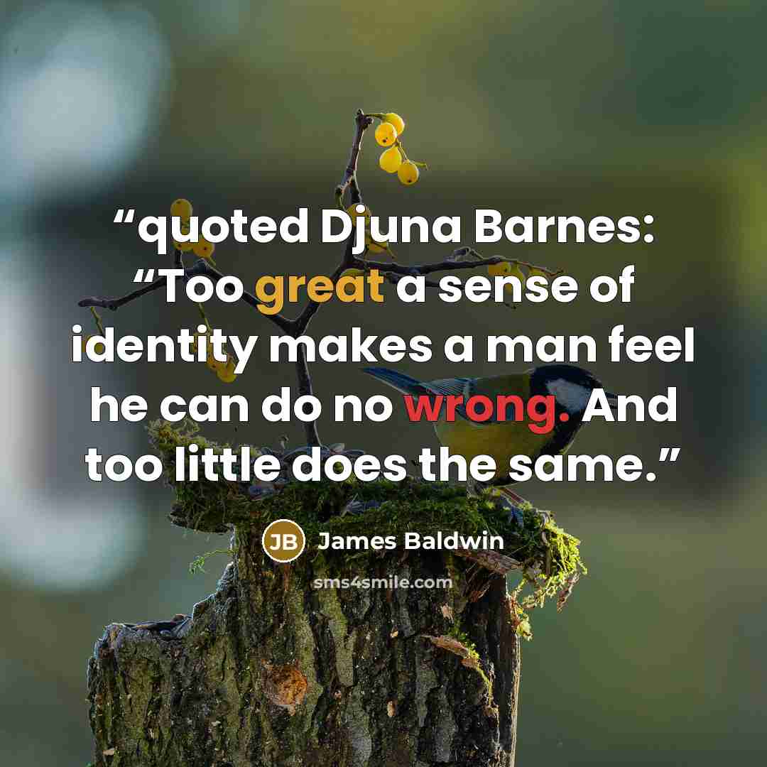 “quoted Djuna Barnes: “Too great a sense of identity makes a man feel he can do no wrong. And too little does the same.” quote by James Baldwin