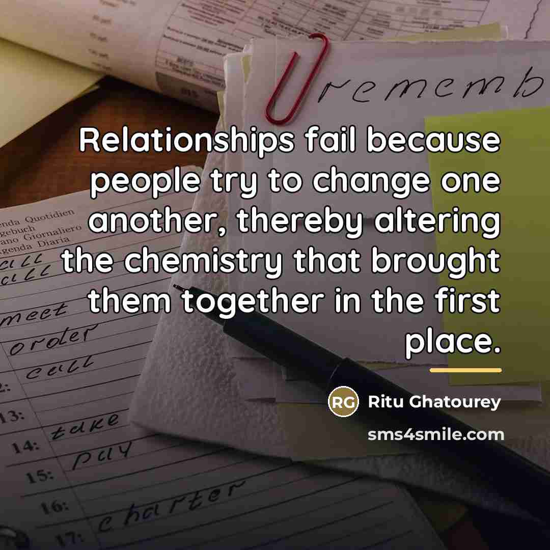 “Relationships fail because people try to change one another, thereby…” quote by Ritu Ghatourey