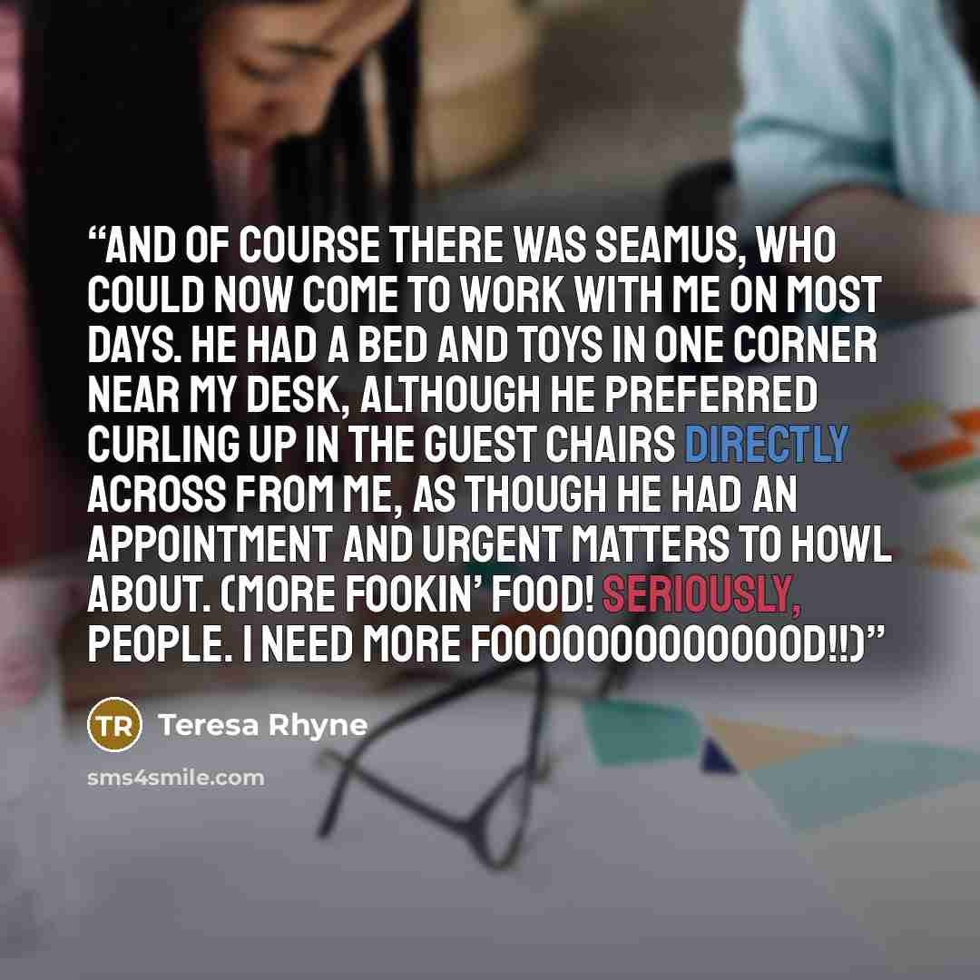 “And of course there was Seamus, who could now come to work with me on most days. He had a bed and toys in one corner near my desk, although he preferred curling up in the guest chairs directly across from me, as though he had an appointment and urgent matters to howl about. (More fookin’ food!…” quote by Teresa Rhyne