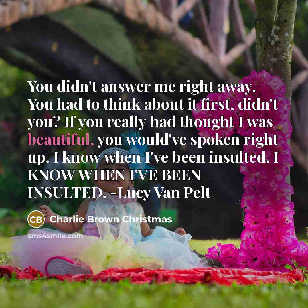 “You didn't answer me right away. You had to think about it first, didn't you? If you really had thought I was beautiful, you would've spoken right up. I know when I've been insulted. I KNOW WHEN I'VE BEEN INSULTED. -Lucy Van Pelt” quote by Charlie Brown Christmas