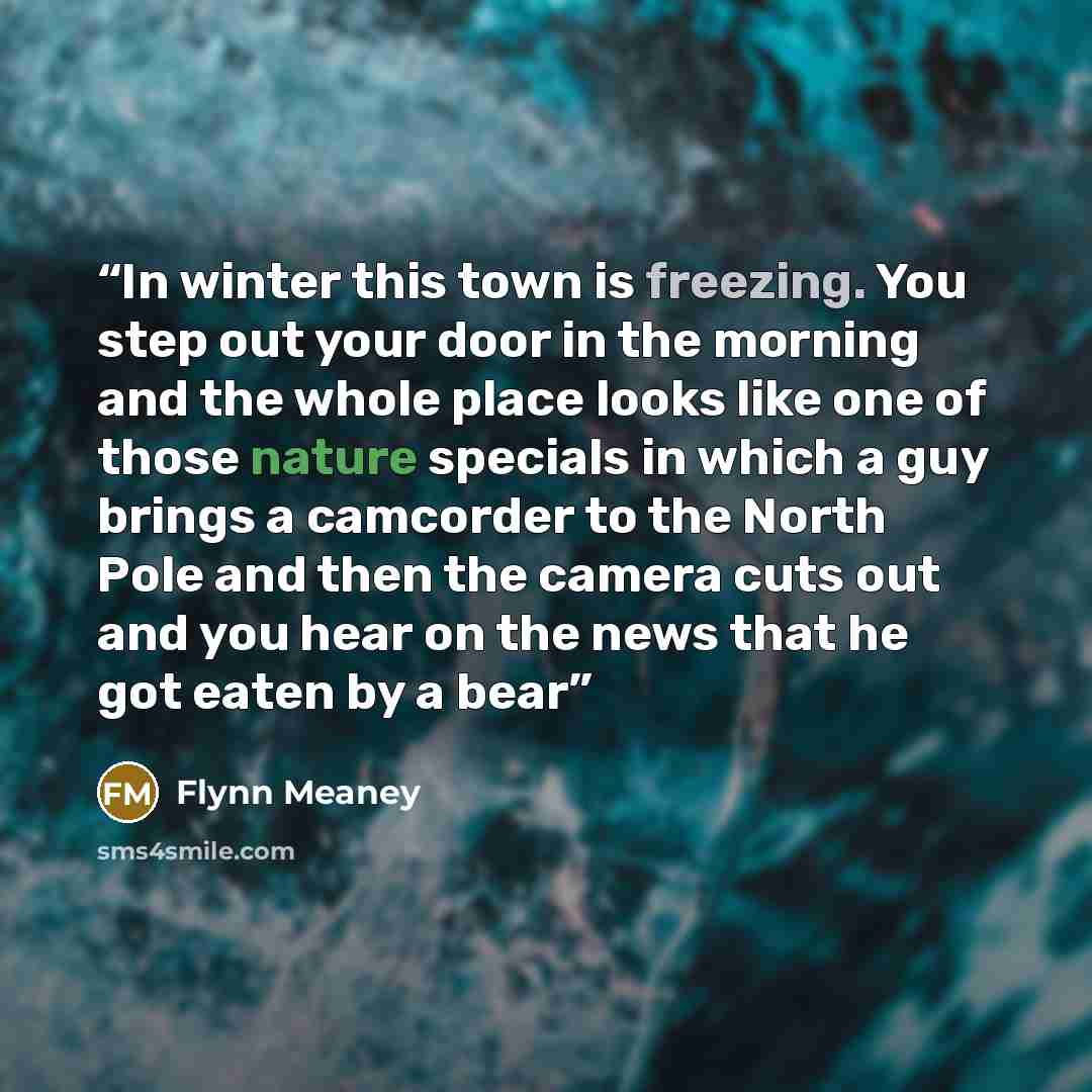 “In winter this town is freezing. You step out your door in the morning and the whole place looks like one of those nature specials in which a guy brings a camcorder to the North Pole and then the camera cuts out and you hear on the news that he got eaten by a bear” quote by Flynn Meaney