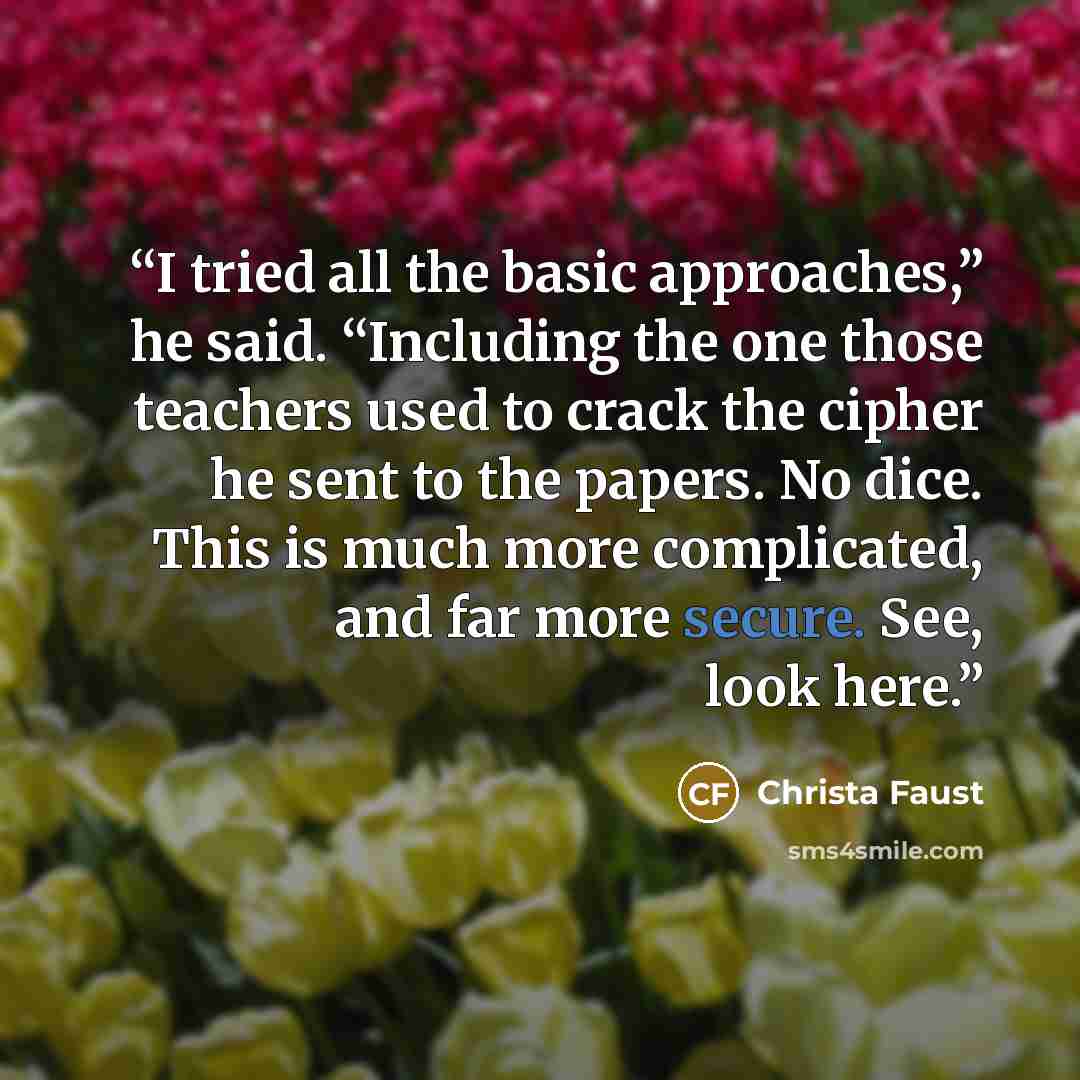 “I tried all the basic approaches,” he said. “Including the one those teachers used to crack the cipher he sent to the papers. No dice. This is much more complicated, and far more secure. See, look here.” quote by Christa Faust