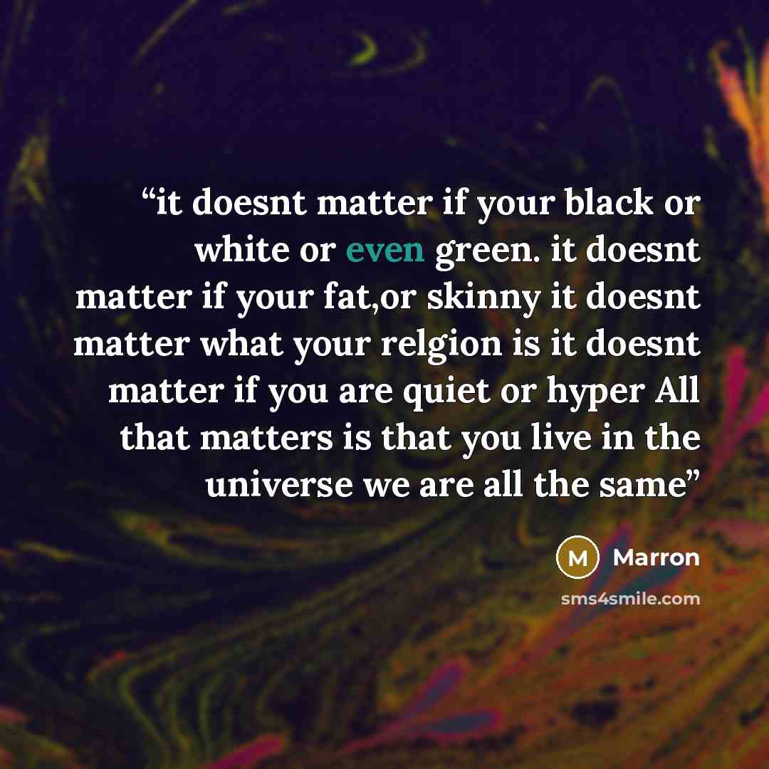 “it doesnt matter if your black or white or even green. it doesnt matter if your fat,or skinny it doesnt matter what your relgion is it doesnt matter if you are quiet or hyper All that matters is that you live in the universe we are all the same” quote by Marron
