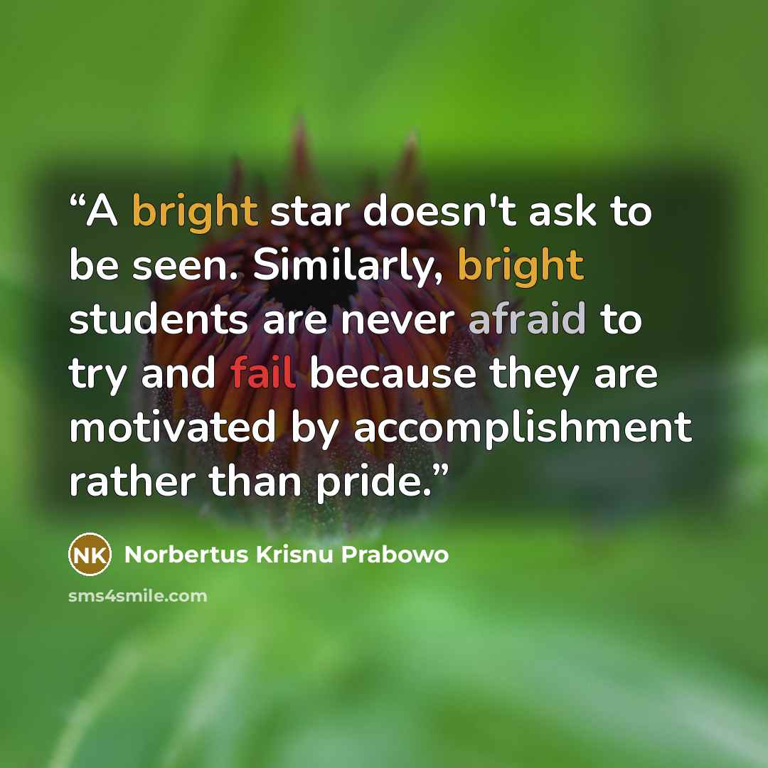 “A bright star doesn't ask to be seen. Similarly, bright students are never afraid to try and fail because they are motivated by accomplishment rather than pride.” quote by Norbertus Krisnu Prabowo