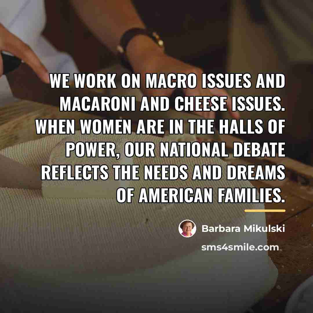 “We work on macro issues and macaroni and cheese issues.…” quote by Barbara Mikulski