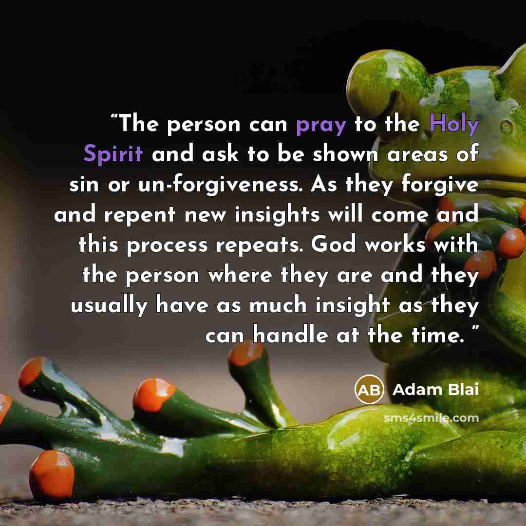 “The person can pray to the Holy Spirit and ask to be shown areas of sin or un-forgiveness. As they forgive and repent new insights will come and this process repeats. God works with the person where they are and they usually have as much insight as they can handle at the time.” quote by Adam Blai