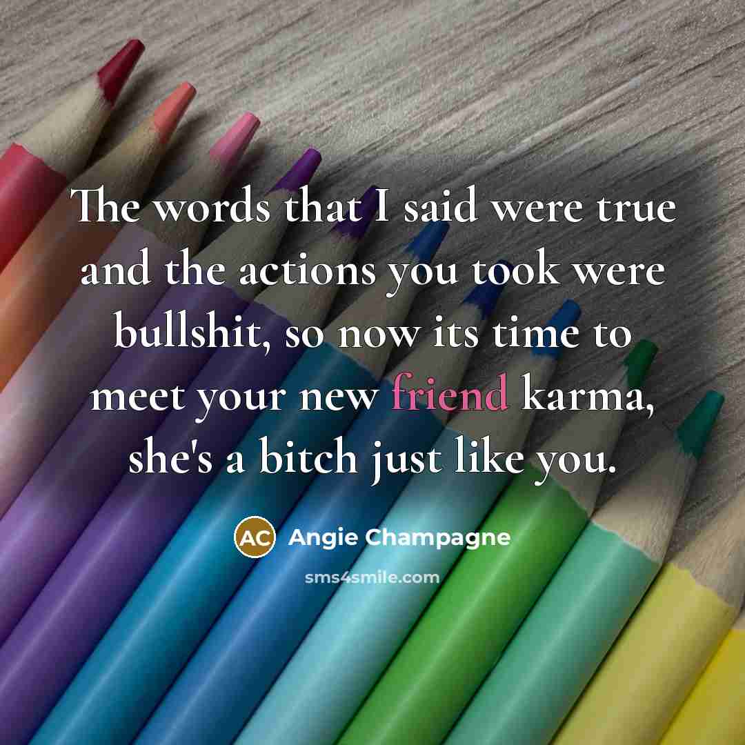 “The words that I said were true and the actions you took were bullshit, so now its time to meet your new friend karma, she's a bitch just like you.” quote by Angie Champagne