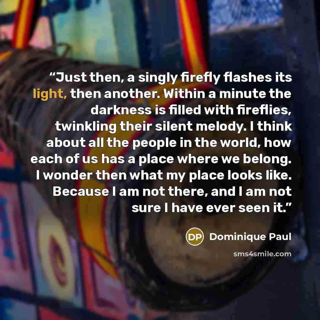 “Just then, a singly firefly flashes its light, then another. Within a minute the darkness is filled with fireflies, twinkling their silent melody. I think about all the people in the world, how each of us has a place where we belong. I wonder then what my place looks like. Because I am not there…” quote by Dominique Paul