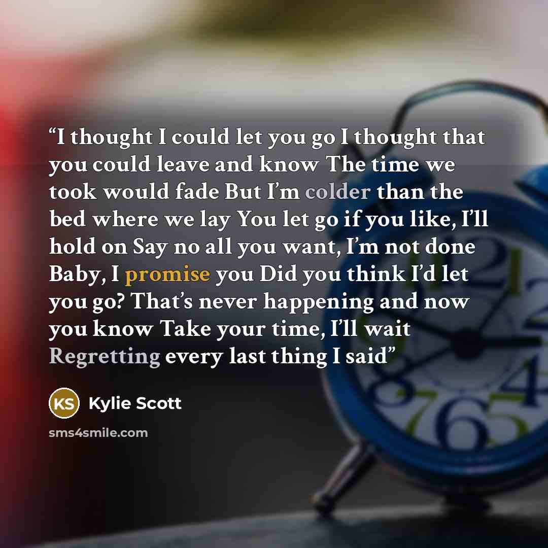 “I thought I could let you go I thought that you could leave and know The time we took would fade But I’m colder than the bed where we lay You let go if you like, I’ll hold on Say no all you want, I’m not done Baby, I promise you Did you think I’d let you go? That’s never happening and now you know…” quote by Kylie Scott