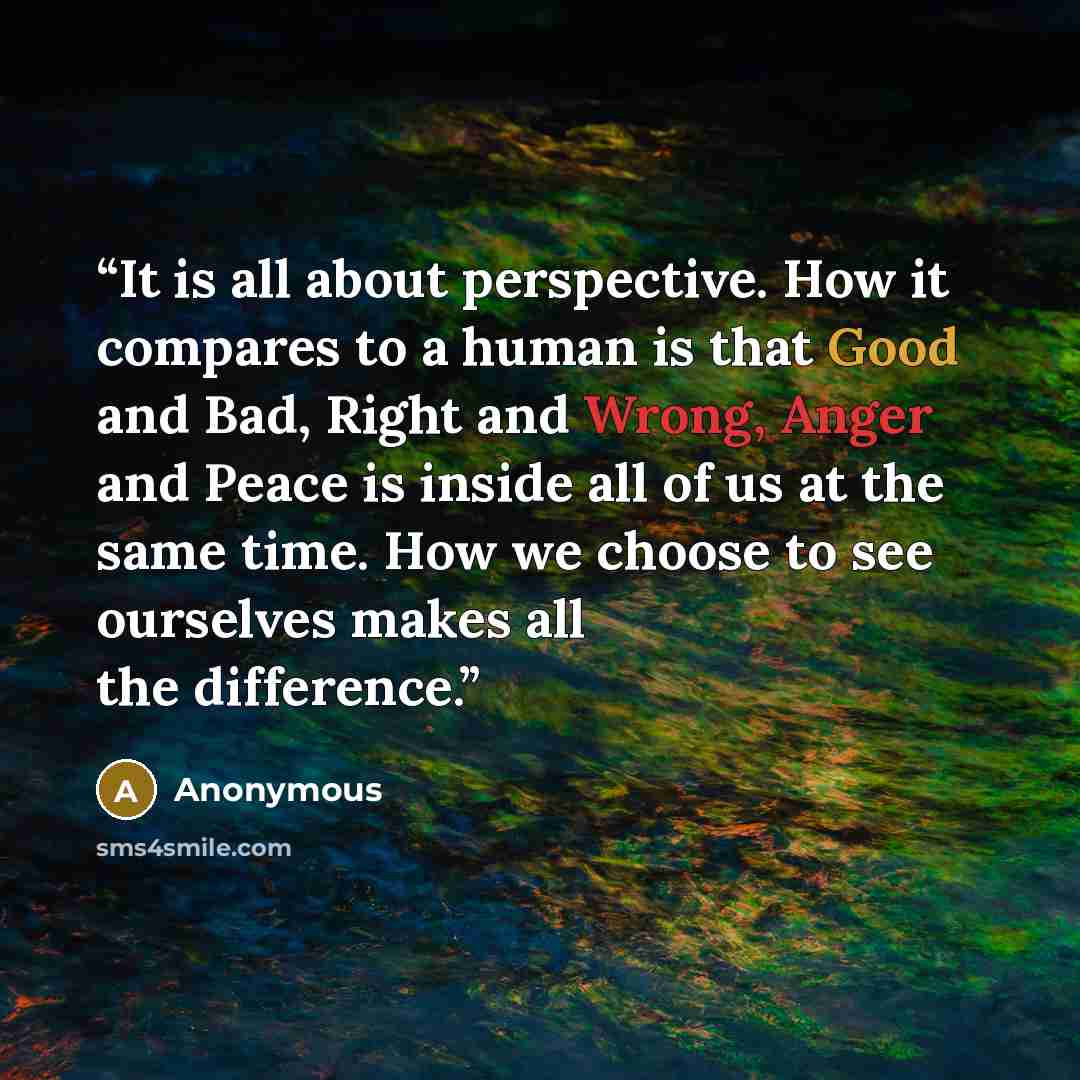 “It is all about perspective. How it compares to a human is that Good and Bad, Right and Wrong, Anger and Peace is inside all of us at the same time. How we choose to see ourselves makes all the difference.” quote by Anonymous
