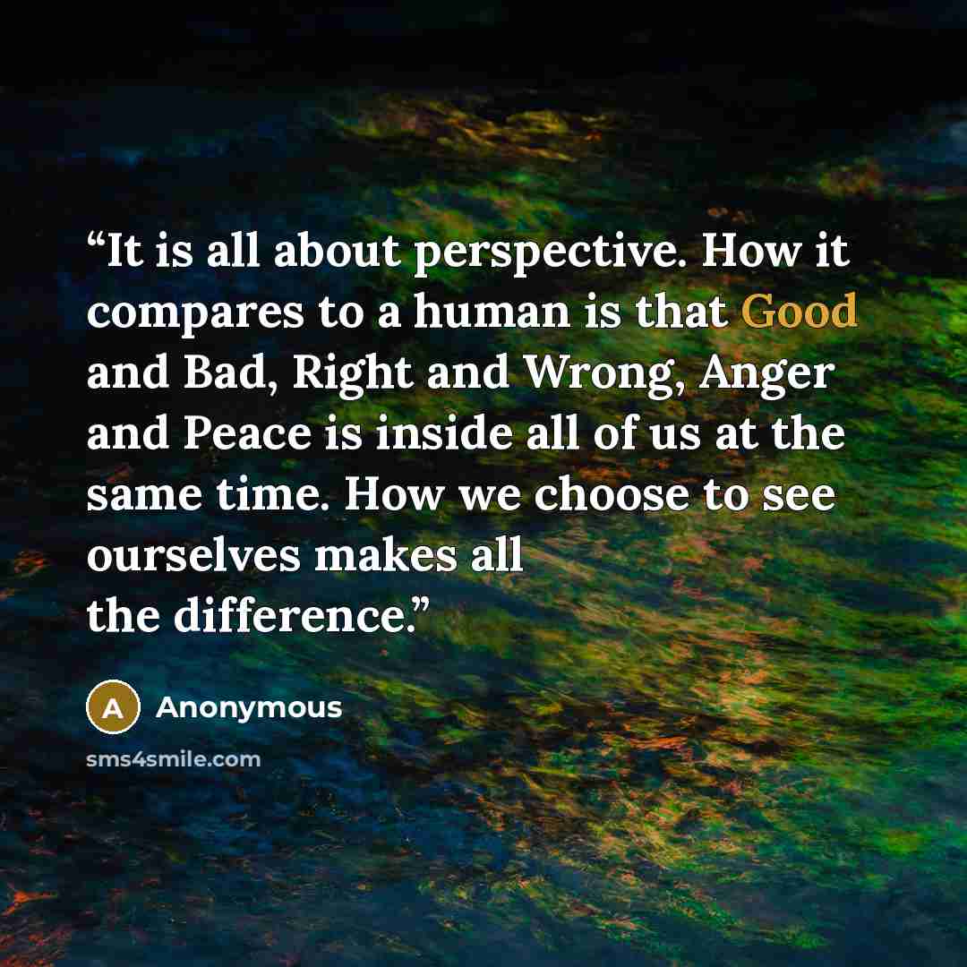 “It is all about perspective. How it compares to a human is that Good and Bad, Right and Wrong, Anger and Peace is inside all of us at the same time. How we choose to see ourselves makes all the difference.” quote by Anonymous