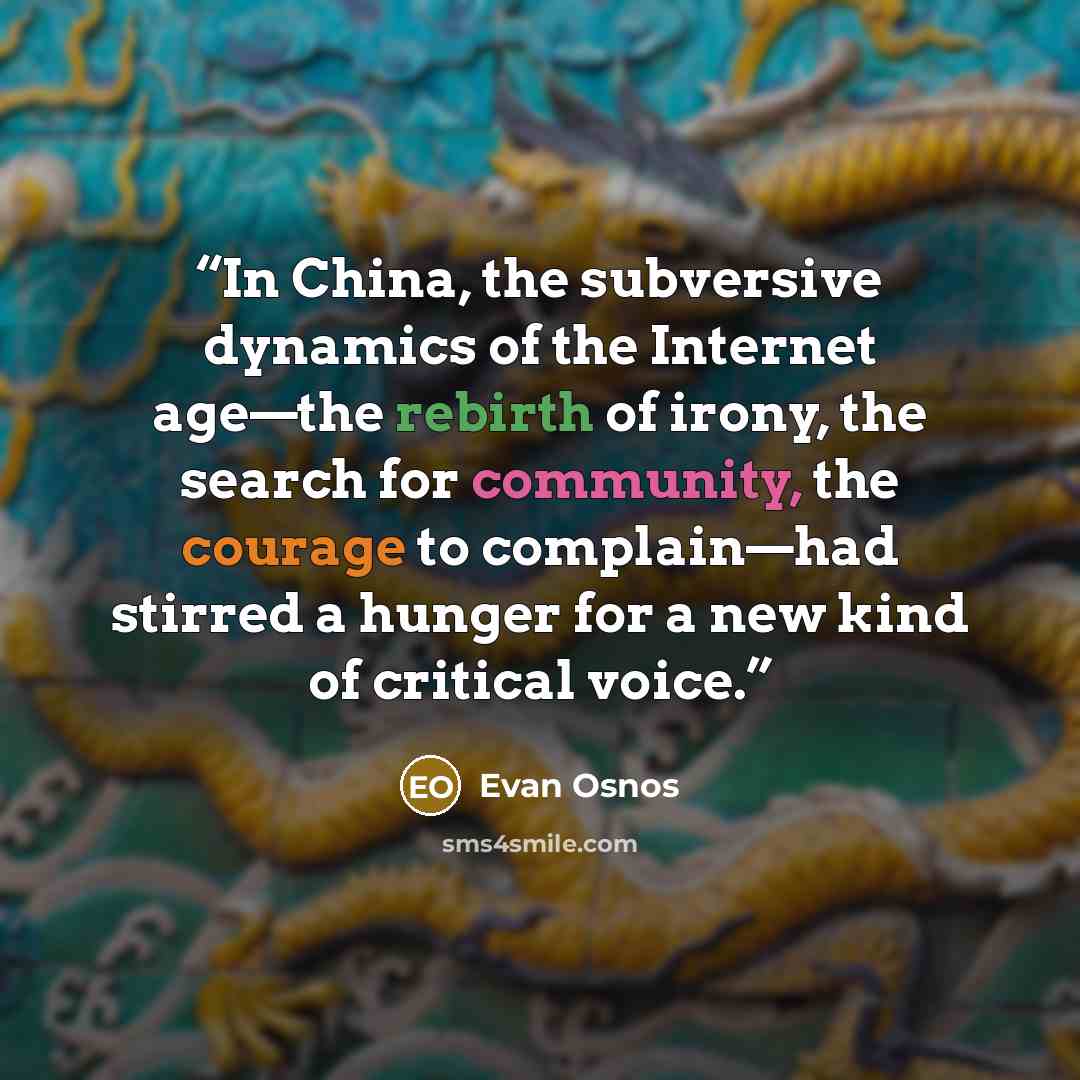 “In China, the subversive dynamics of the Internet age—the rebirth of irony, the search for community, the courage to complain—had stirred a hunger for a new kind of critical voice.” quote by Evan Osnos