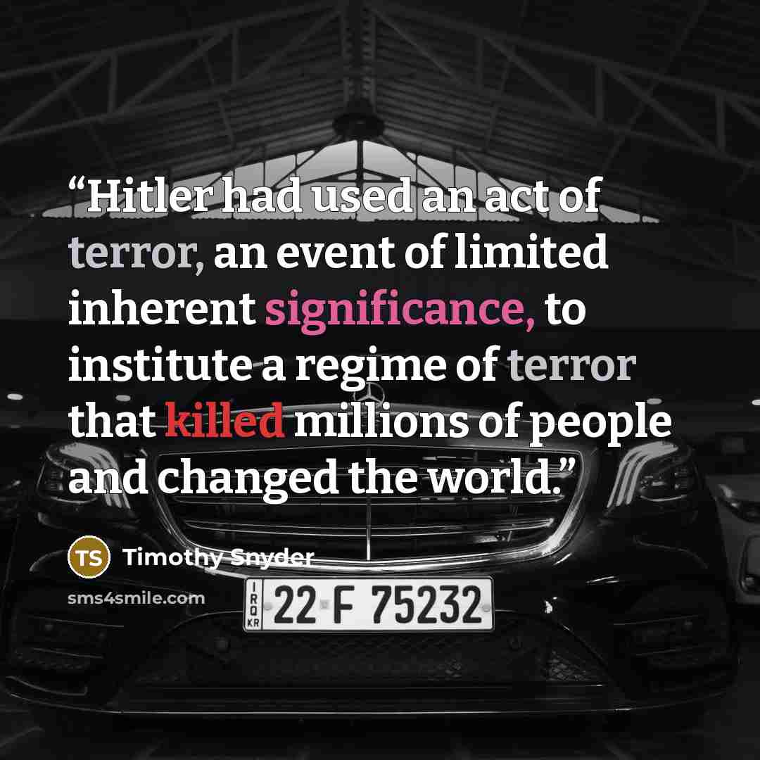 “Hitler had used an act of terror, an event of limited inherent significance, to institute a regime of terror that killed millions of people and changed the world.” quote by Timothy Snyder