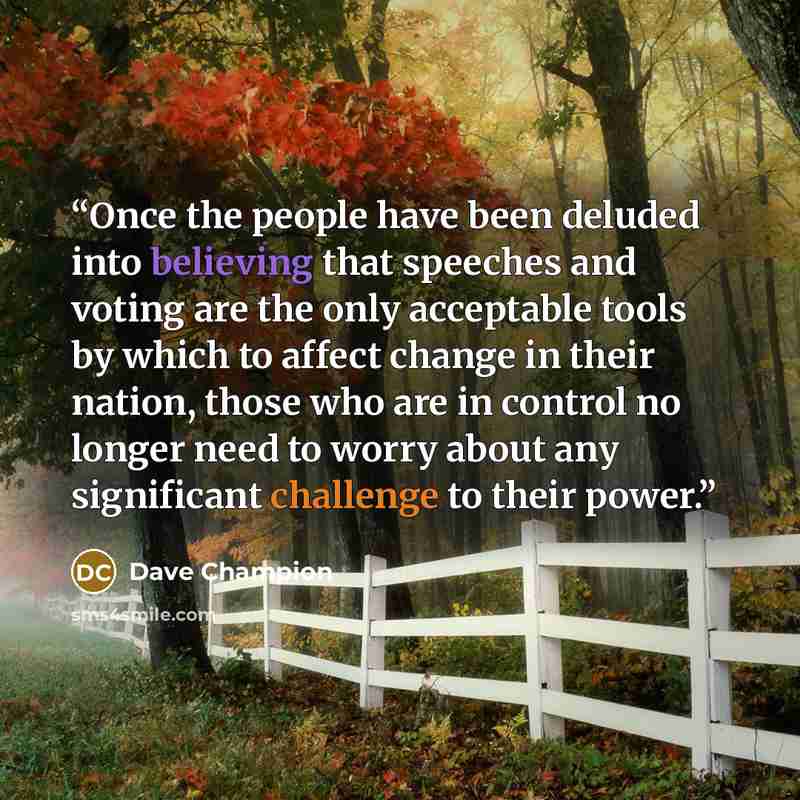 “Once the people have been deluded into believing that speeches and voting are the only acceptable tools by which to affect change in their nation, those who are in control no longer need to worry about any significant challenge to their power.” quote by Dave Champion