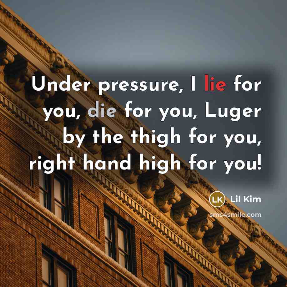 “Under pressure, I lie for you, die for you, Luger by the thigh for you, right hand high for you!” quote by Lil Kim
